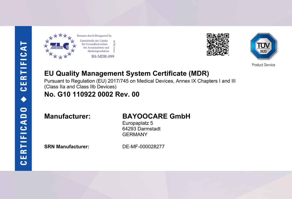 MDR Zertifikat für Klasse IIb Medizinprodukt ausgestellt für BAYOOCARE