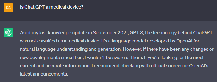 ChatGPT as a Medical Device?