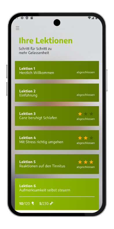 Meine Tinnitus App - Screenshot aus der App - Ihre Lektionen